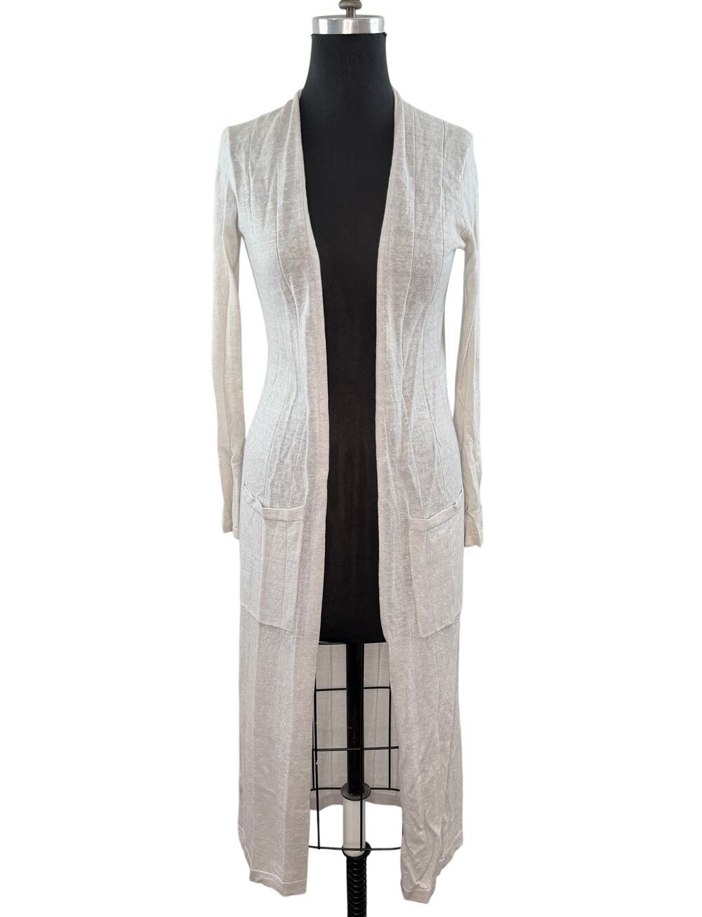 THEORY Torina Gray Long Duster Cardigan Linen Merino Wool Rib Knit Open Front P